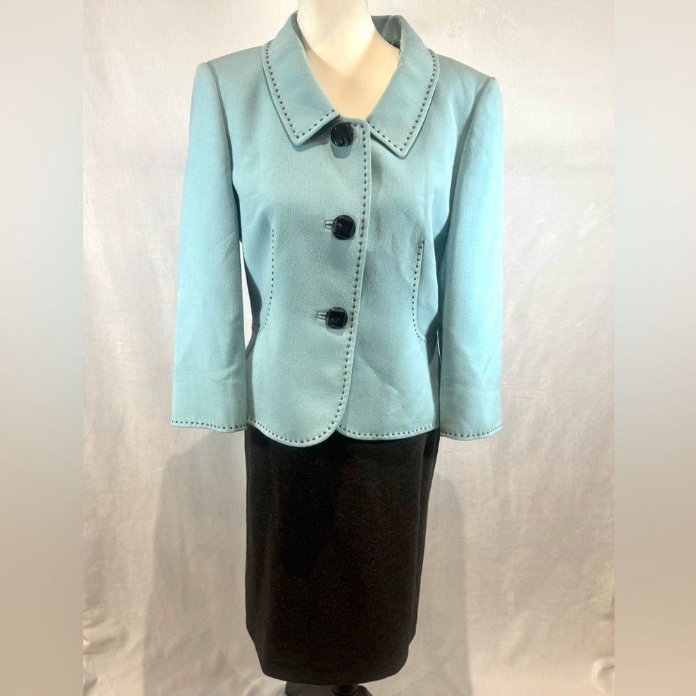 Tahari ASL ice blue open stitch blazer and dark gray skirt suit set size 10